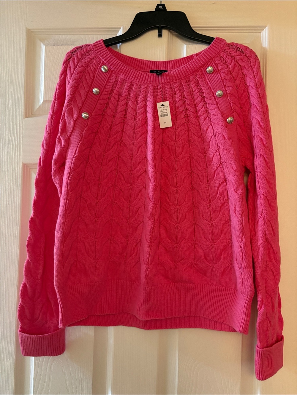 Talbots Cable-Knit Crewneck Sweater in Hot Pink with Button Accents